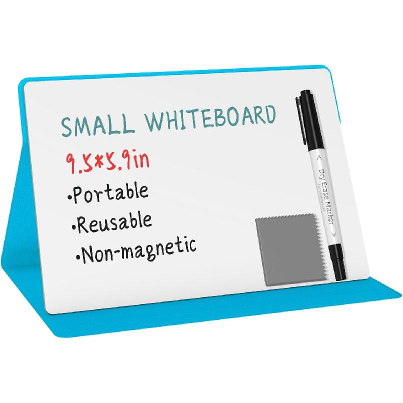 Portable Small White Board,Reble Dry Erase Board with Stand,Desktop Whiteboard for Office Meeting Bussiness Home 9" x 6" with Marker, Wipe Cloth