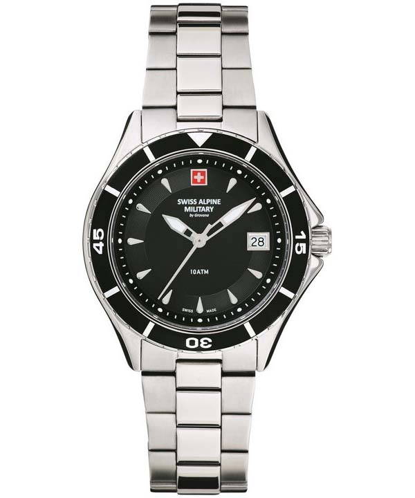 Женские часы Swiss Alpine Military Aquatech из нержавеющей стали с черным циферблатом, кварцевые 7740.1137 100М чёрный