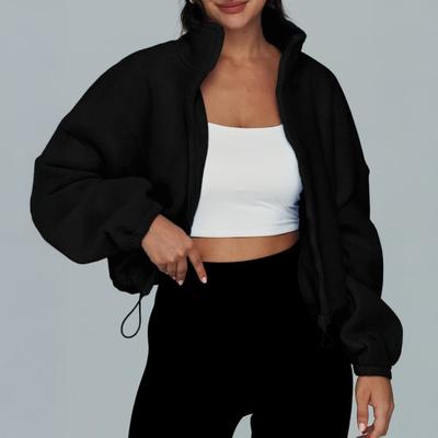 Women's Full Zip Fleece Short Jacket Winter Long Sleeve Cropped Coat Drawstring Hem Stand Collar Warm Workout Top