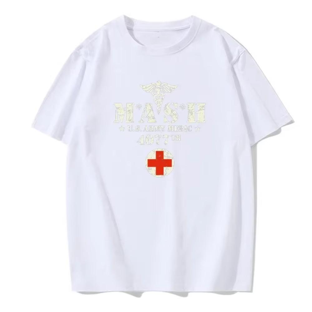 Retro Mash TV Show Men's Printed T-Shirt 100% Cotton European Size T-Shirt Summer Round Neck Solid Color Versatile T-Shirt