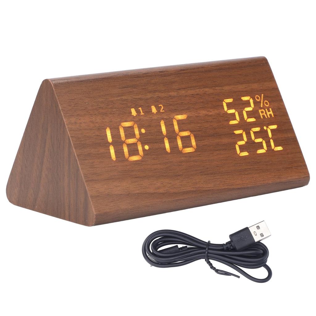 LED Digital Alarm Clock Multipurpose Wooden Clock with Voice Control Humidity Temperature Week Time Display Brown Wood