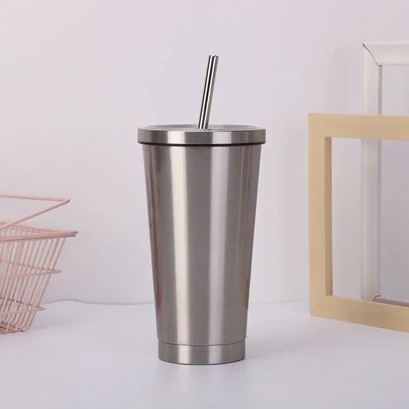 500ml din oțel inoxidabil vid paie cană suc cană de cafea cu capac portabil sticla izolatoare dublu strat pentru acasă vase de băutură