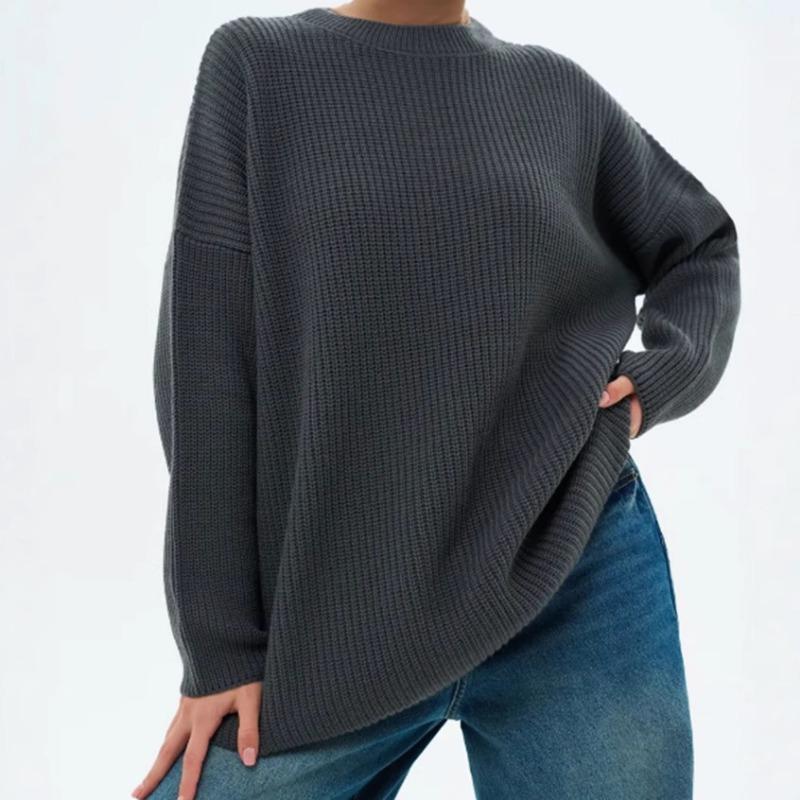 Solid color crew neck sweater spring and autumn loose knitted sweater top women pullover sweater women