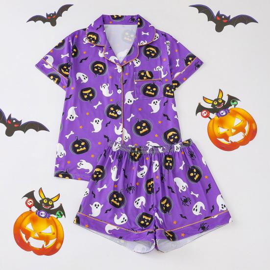 Halloween Women Pajamas Set Ghost Pumpkin Print Short Sleeve Button Down Shirts And Shorts Sleepwear Set 2 Piece Loungewear Pjs Short Set
