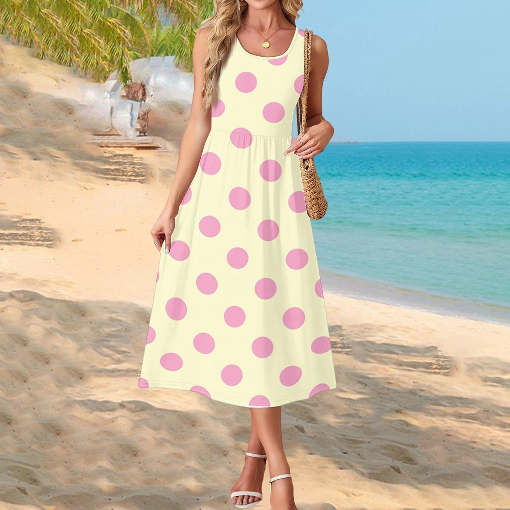 Women's Polka Dot Summer Dress, Casual Flowy Beach Sundress with Pockets, Lightweight Vacation Outfit