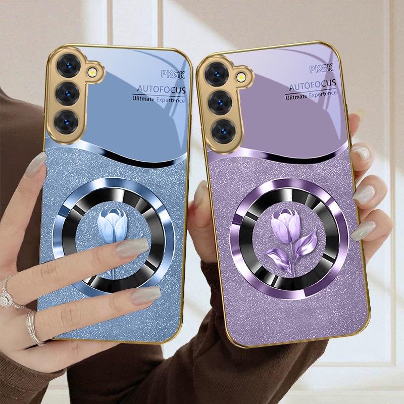 Exquisite flowers For Samsung Galaxy S20 FE S21 S22 Ultra S23 Plus S24 Ultra 25Ultra S21+ S9+ 22Plus Golden glass phone case