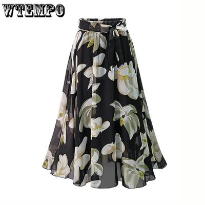 Plus Size Print Floral Γυναικεία φούστα Καλοκαιρινή χαλαρή ελαστική ψηλόμεση σιφόν Midi φούστες Lace Up Φιόγκος L-5XL Swing Jupe Femme