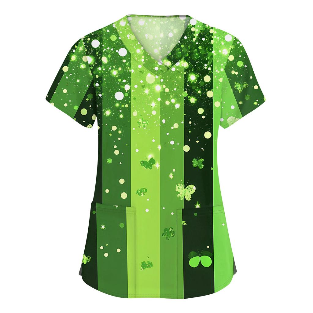 Women's Fashion V-neck Short Sleeve Workwear With Pockets Printed Tops