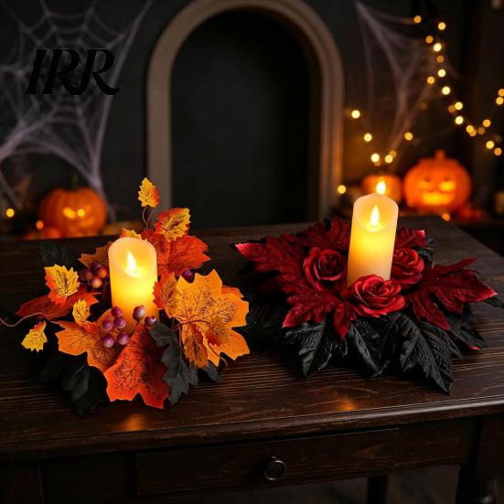 Seasonal Holiday Ornaments Halloween Floral Candle Ring, Artificial Maple Rose Wreath for Spooky Home Decorations Holder, Table Centerpiece