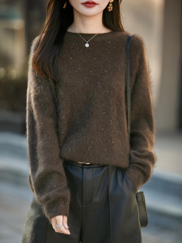 Red Sequined Double-Strand Brushed Wool Sweater - Autumn/Winter Korean Style, Soft Knitwear for Women