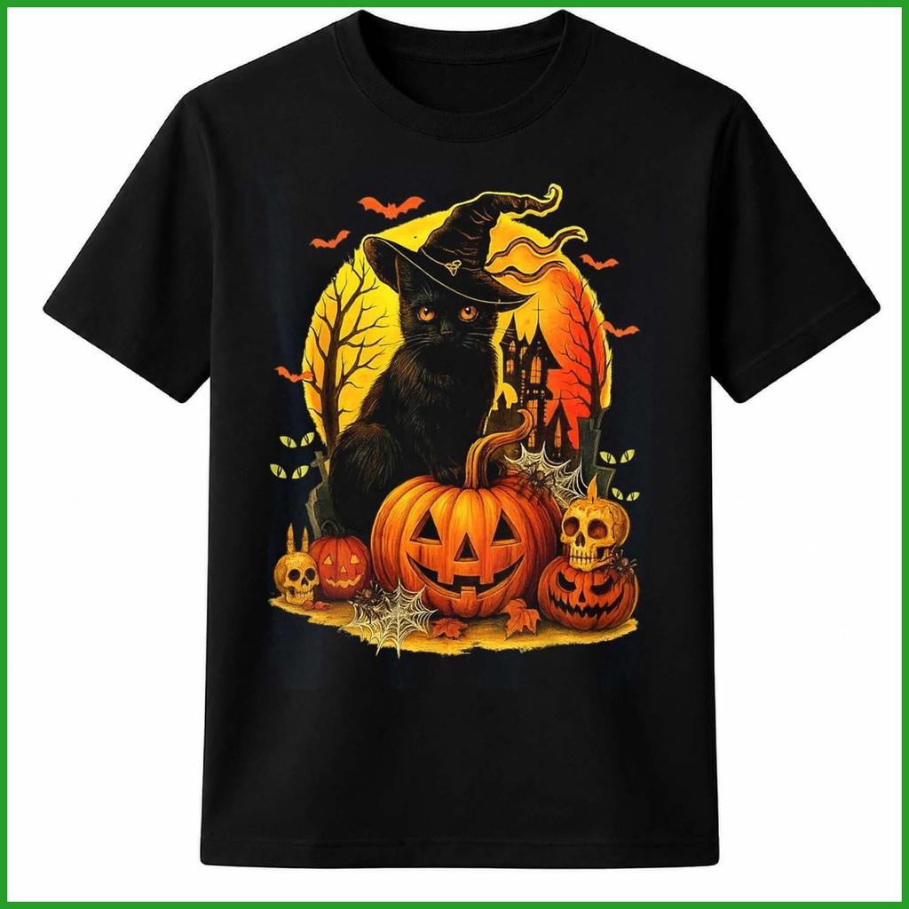 Funny Halloween Black Cat Witch and Pumpkin Men T-Shirt