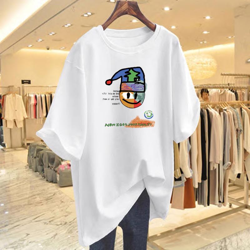 

Cotton short-sleeved t-shirt women s summer new loose large version cartoon top bottoming shirt S