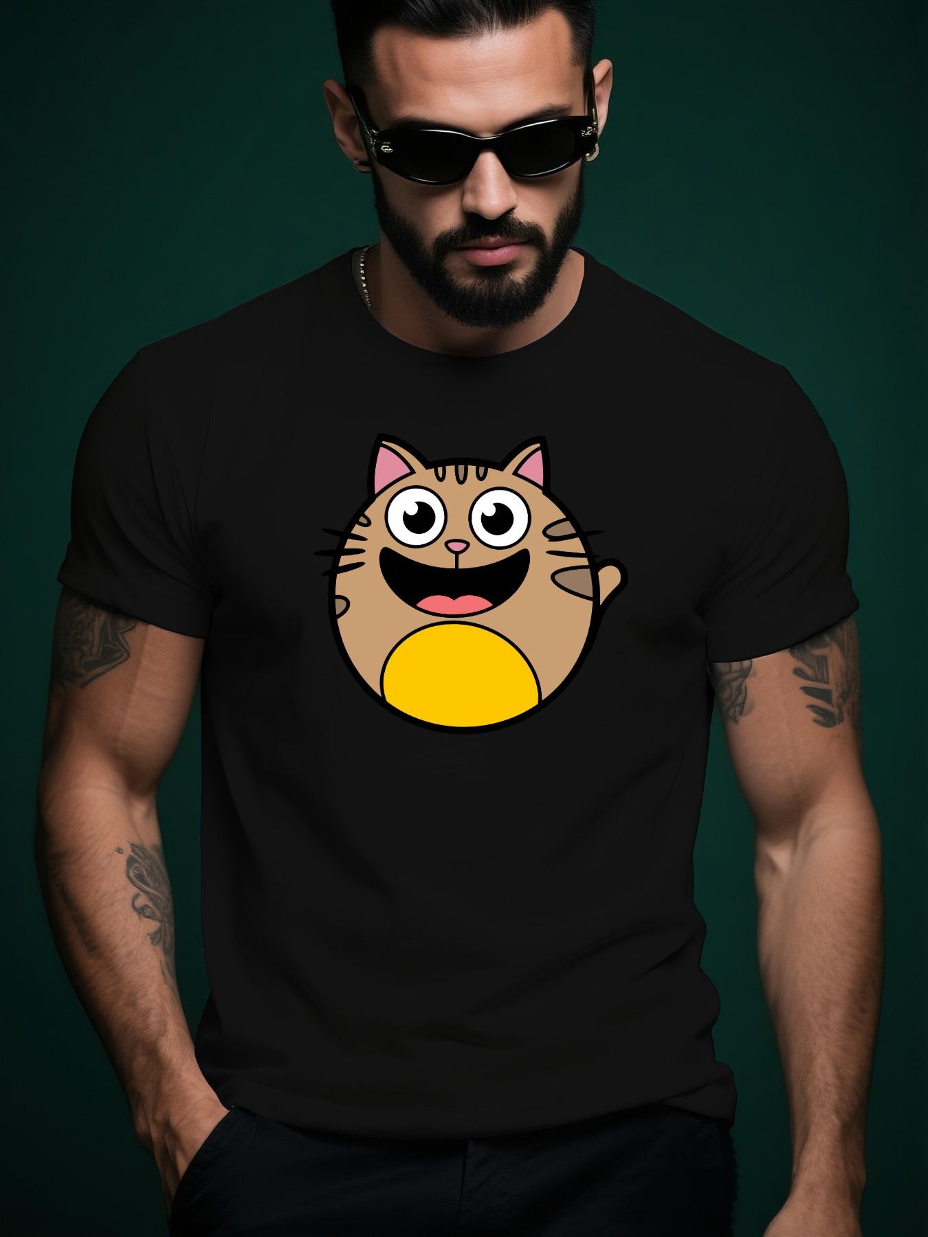 Summer Tshirt with Playful Cat Graphic - Light Gray M