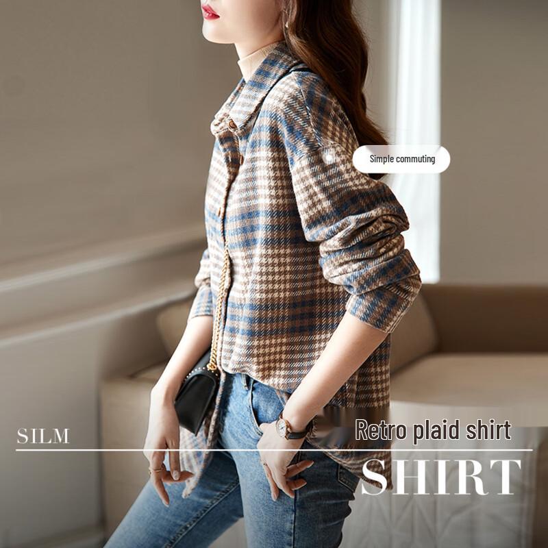 Women s Retro Plaid Loose-Fit Drop Shoulder Shirt M