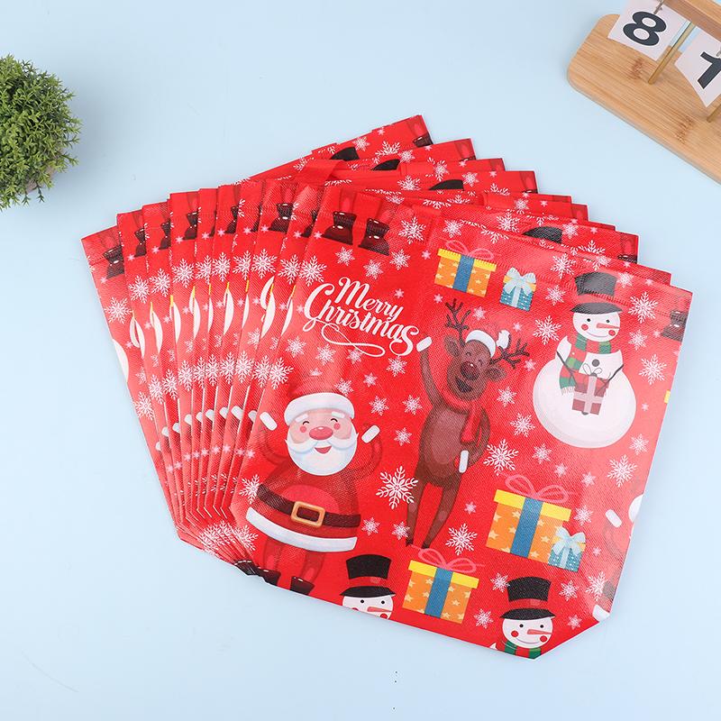 10Pcs Tote Bags Santa Elk Snowflake Tote Bags Thickened Non-Woven Printed Waterproof Bags Christmas Gift Decoration Bags