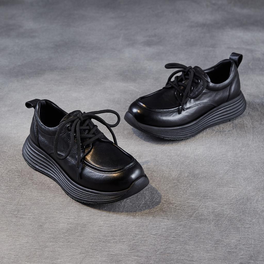 Lederschuhe 2026 Frühling und Herbst Neuer Stil Keilabsatz Dicksohlige Einzelne Schuhe Retro Freizeitschuhe für Damen