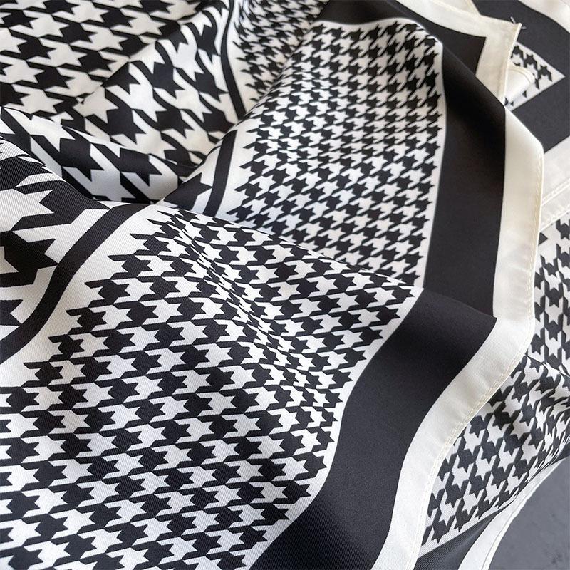 Women Houndstooth Print Scarf 90cm Square Twill Silk Hijab Bandana Female Neckerchief Foulard Shawl Wraps Echarpe Beach Stoles