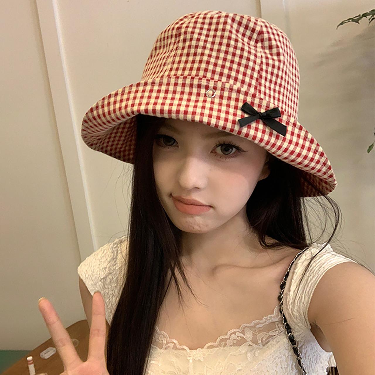 

Sweet Korean Plaid Fisherman Hat Summer Wide Brim Sunshade Bowknot Panama Dome Basin Cap Girls Ladies Travel Outdoor Bucket Hat One Size красный