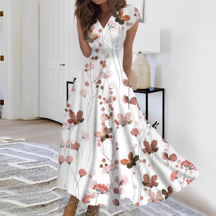 Women's Casual Maxi Dress Long Chiffon Swing Dress Solid Color V-neck Ruffled Short Sleeve Mature Outdoor Daily Date Dress