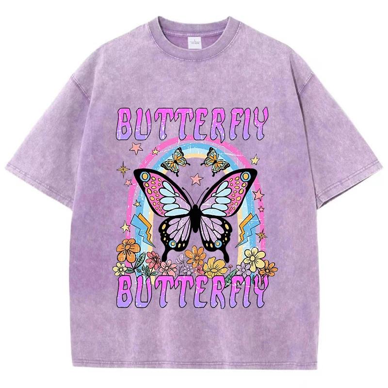 Oversized Women Washed T-Shirts Rainbow And Butterfly Printed Tee Shirts Cotton Oversize Tees Vintage Female Clothes