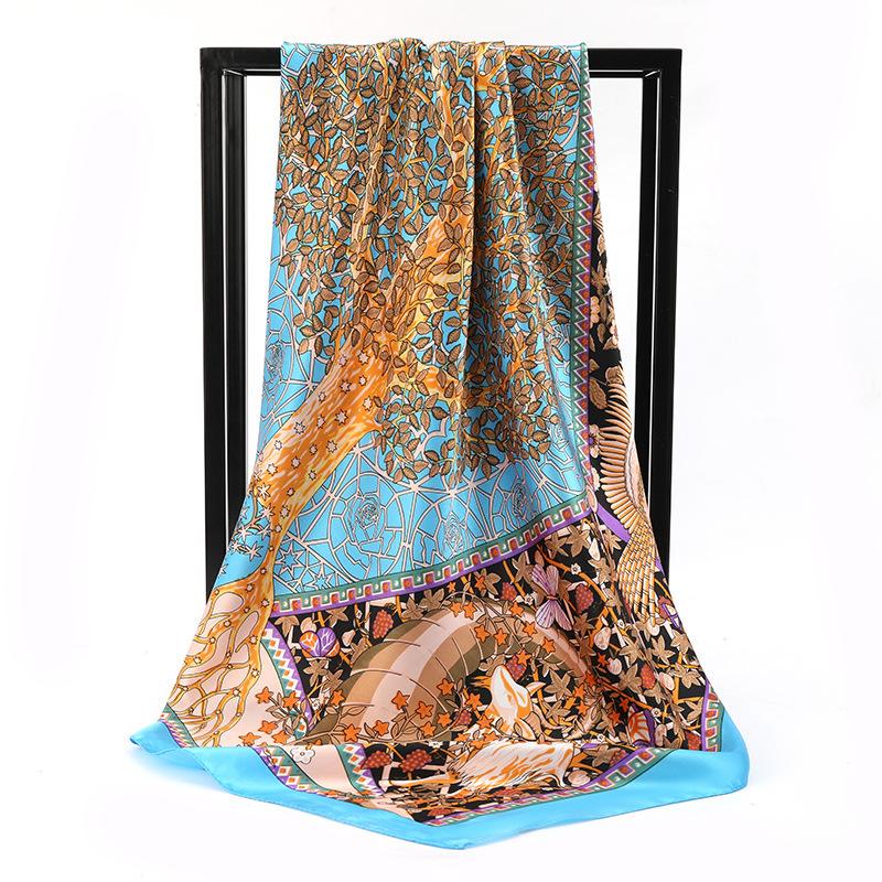 90*90Cm Women Elegant Floral Printed Square Imitation Silk Scarf Hijab Women Luxury Sunscreen And Dustproof Kerchief Head Scarf