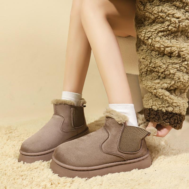 Autumn and winter snow boots women's 2025 new thick-soled thickened thermal cotton shoes with one foot pedal solid color short tube cold-proof boot