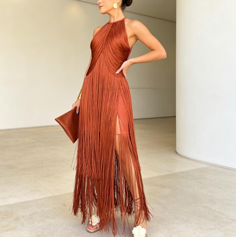 Spring and Summer European and American Neck Fringed Long Dress Women's Sleeveless Slim Temperament Dress Dress Dress Dress Factory Spot