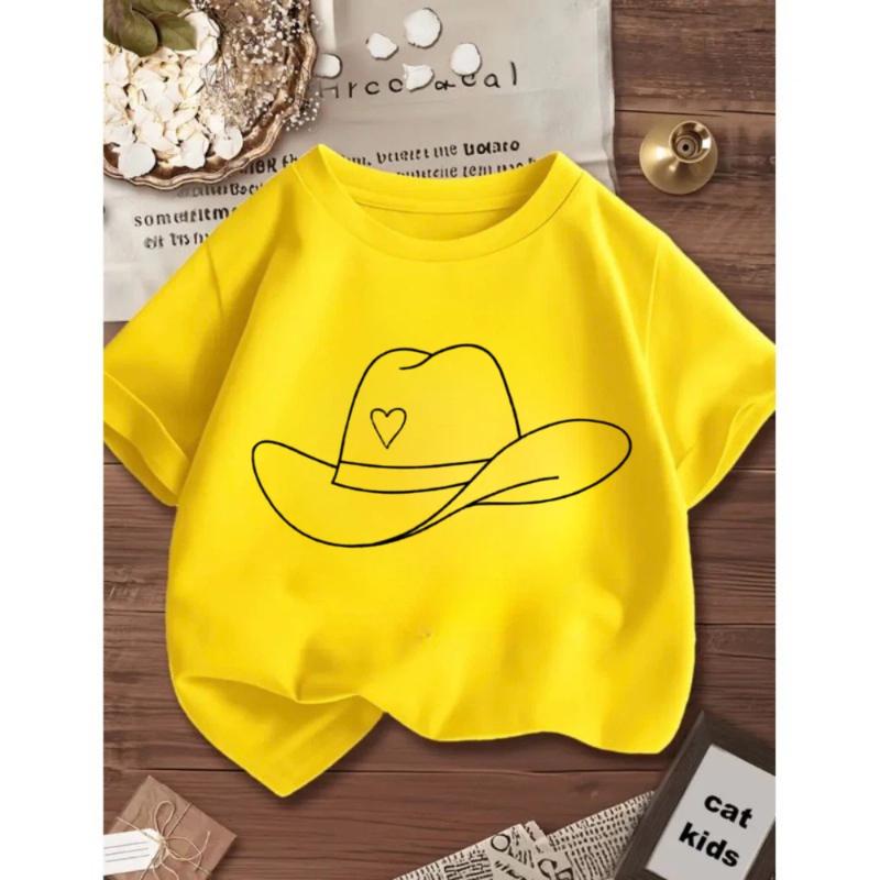 Платье для девочки Фермерская девушка Бейсбольная куртка Джинсовая рубашка для девочки 100% Чистый хлопок Шляпа Сердце Премиум Стиль Летняя футболка для детей Дети 100cm жёлтый