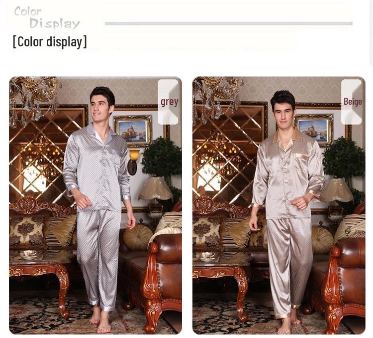 Men's Silk Long Sleeve Pajamas Set: Spring to Autumn, Lightweight, Loose, and Comfortable Homewear.