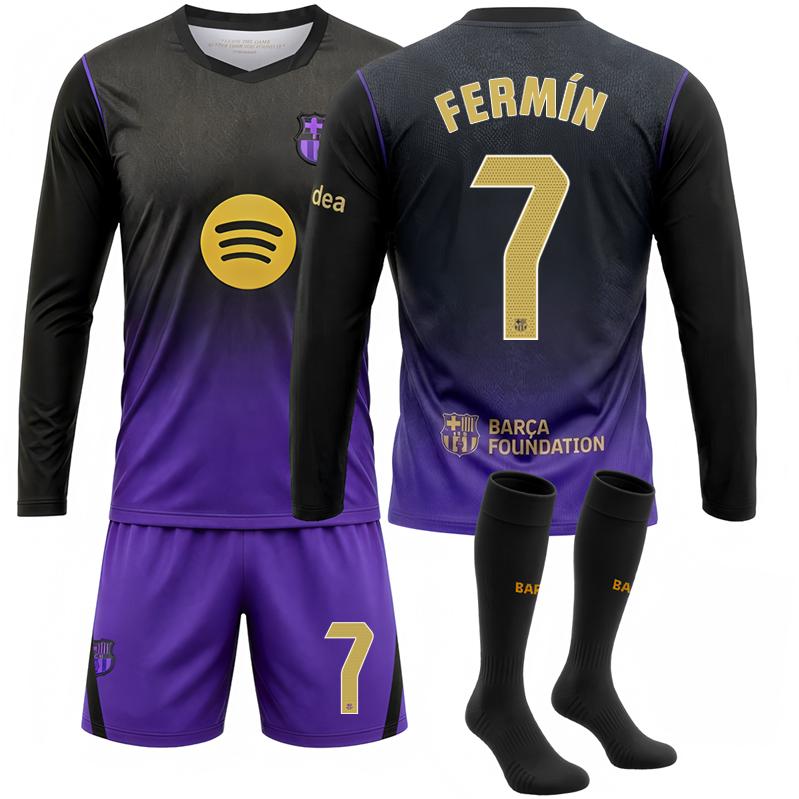 2627 Rodri New Jersey – FC Barcelona Away Long-Sleeve Soccer Shirt (Black/Purple) – No. 10 Lamine Yamal / Messi