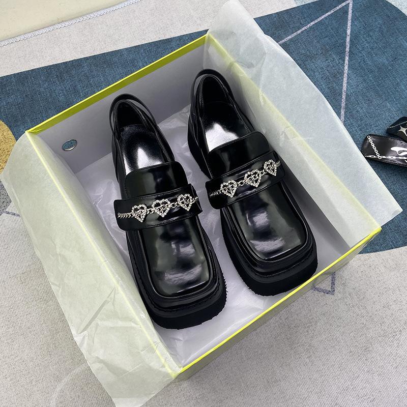 

Маленькие кожаные туфли весна-лето британский стиль квадратная платформа маффин лоферы женские съемные цепные одинарные туфли 40 чёрный