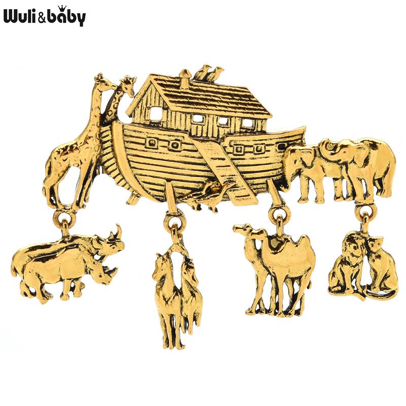 Wuli&baby Animals in Noah s Ark Brooch Pins Shelter Boat Vintage Brooch Jewelry Gift Metal Badge золотой