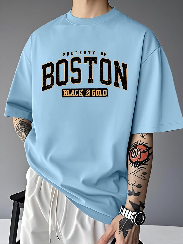 Vintage Boston Black And Gold Graphic Unisexs T Shirt Varsity City Letter Short Sleeve Crew Neck Cotton Tee Street Casual Top