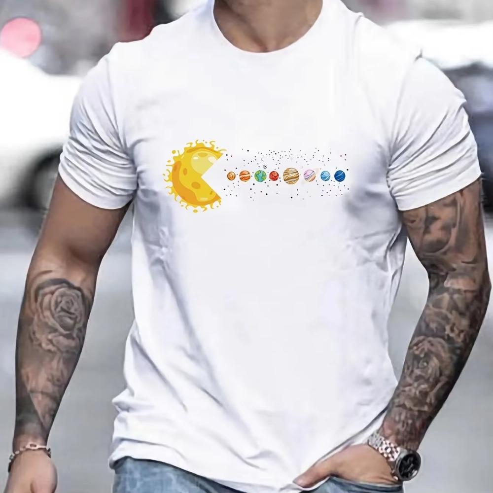 Men's 100% Pure Cotton Summer Loose and Comfortable Casual Solar System Planets Printed Round Neck Short Sleeved T-shirt Top