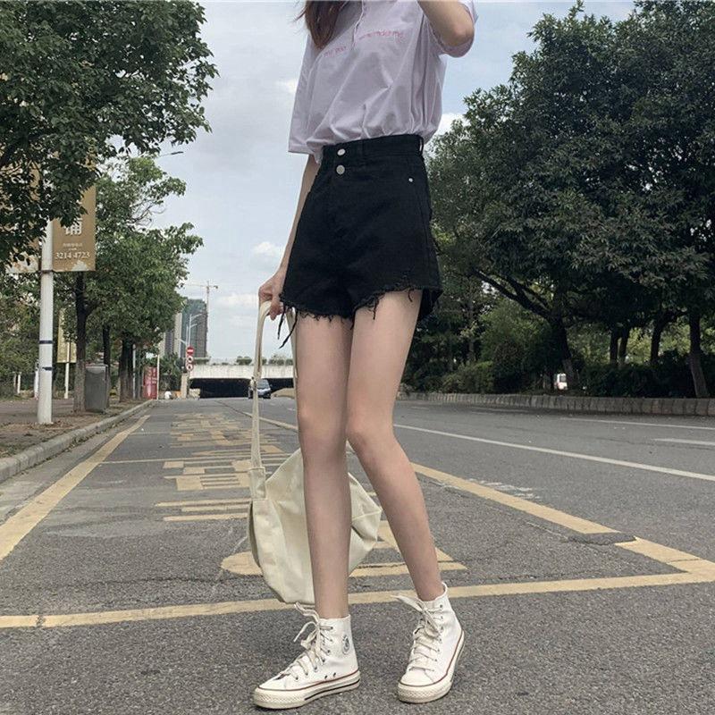 

Брюки Классическая и Минималистичная Мода Универсальный Дизайн с Двумя Пуговицами С Высокой Посадкой Женские Летние Свободные Год Рваные Широкие Штанины А-силуэта Тонкие Джинсовые Шорты 2XL чёрный