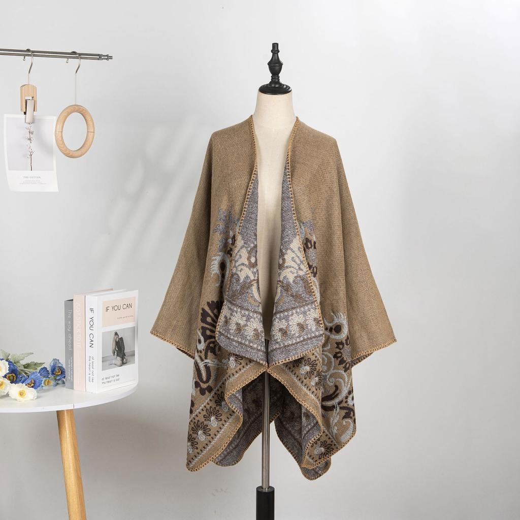 Double-Sided Imitation Cashmere Jacquard Split Women'S Shawl Warm Thickened Shawl Air-Conditioned Room Travel Cloak