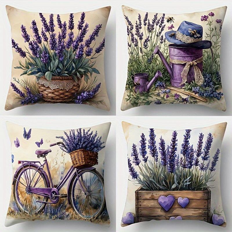 4pcs, Lavender And Bicycle Theme Pillow Covers, Purple Floral And Vintage Design, Modern Style, Zipper Closure Cushion Covers, Machine Washable, Suita