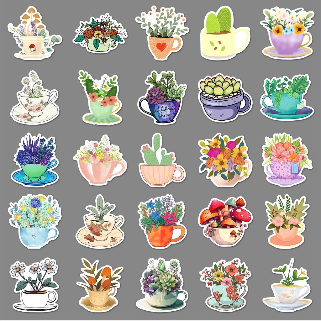 50pcs Artistic Tea Cup Stickers: Fresh, Waterproof, Decorative Milk Tea Designs for Journals and Crafting