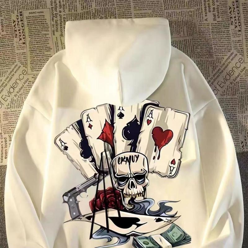 Autumn Men Pullover Hoodie Oversized Sweatshirt Fashion Loose Skeleton Poker Print Long Sleeve Couple Clothes