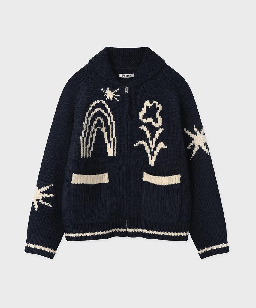 Fallett Drawing Garden Cowichan Knit Zip-Up Navy