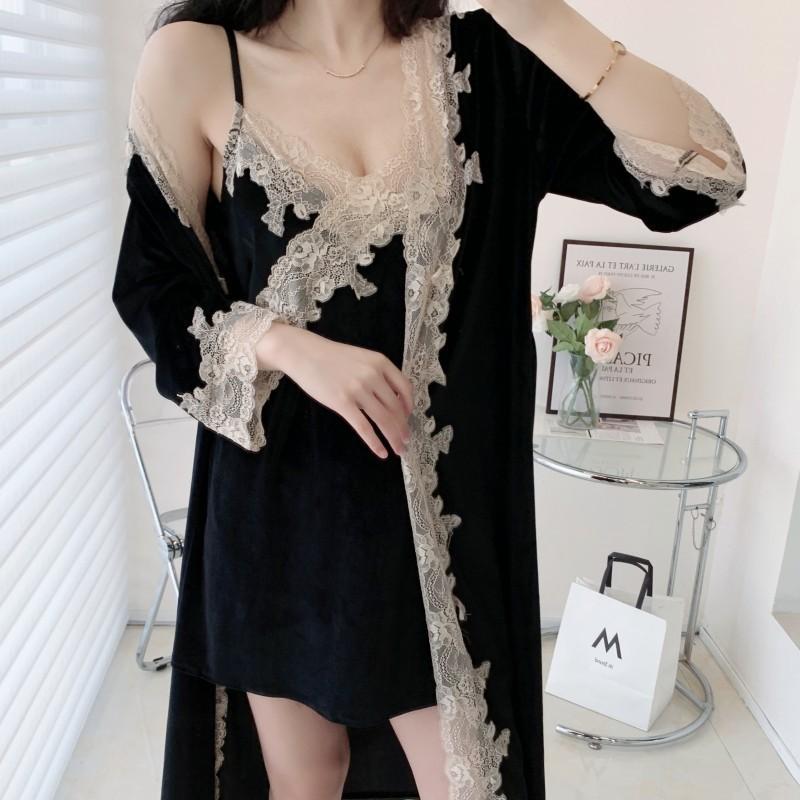 Velvet Women Homewear Sexy Lace Kimono Bathrobe Gown Trim 2PCS Robe Set Loose Casual Lounge Wear Autumn Winter Velour Sleepwear