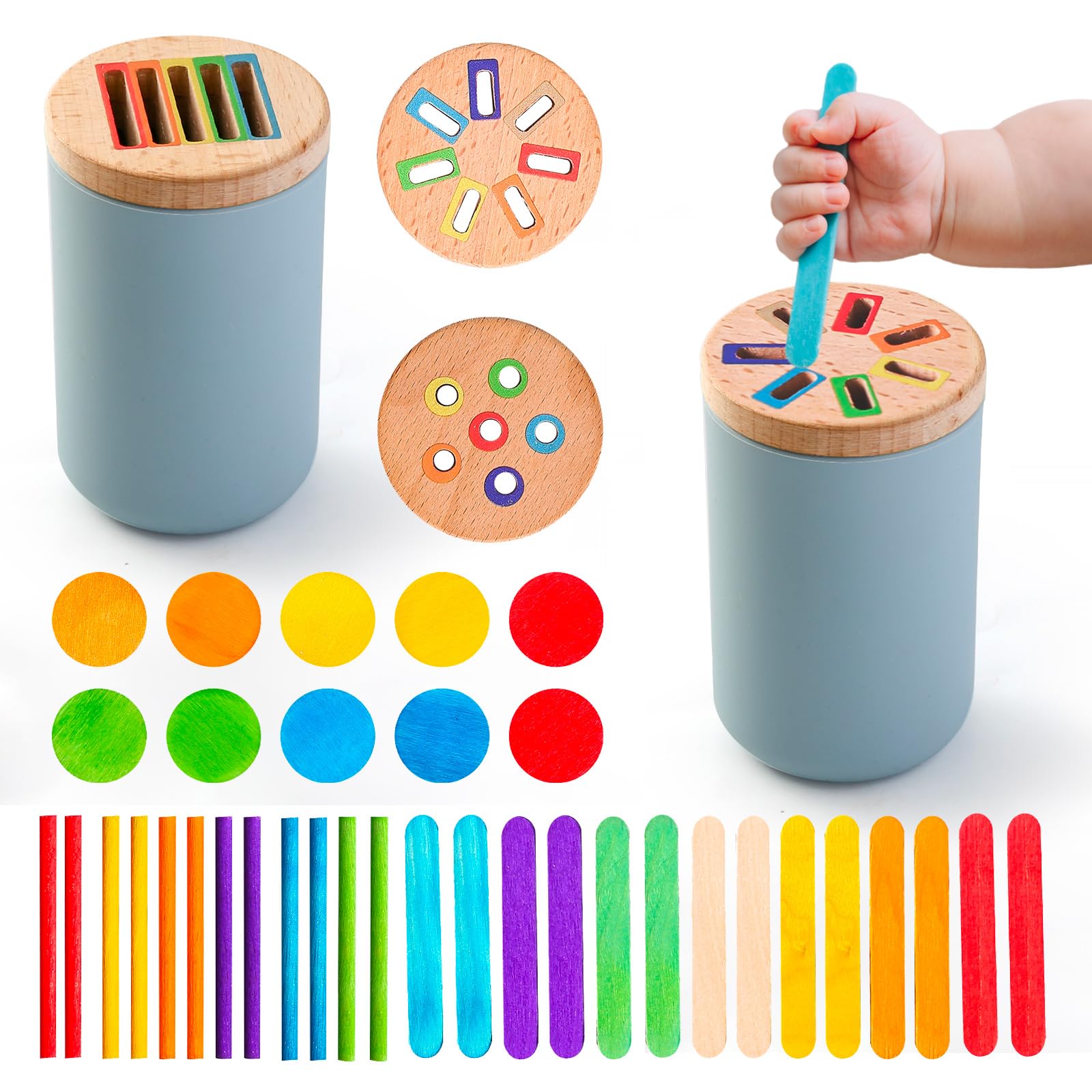 

Figfey Montessori Educational Toy, Silicone and Wooden, Color Sorting, Fingertip Development, Drop-on Toy, Shape and Color Sorting, Ages 1, 2, and 3,