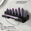 Adhesive-Mounted Hair Dryer and Curling Iron Holder with Open Wall Storage and Front Cord Retainers for Dressing Spaces
