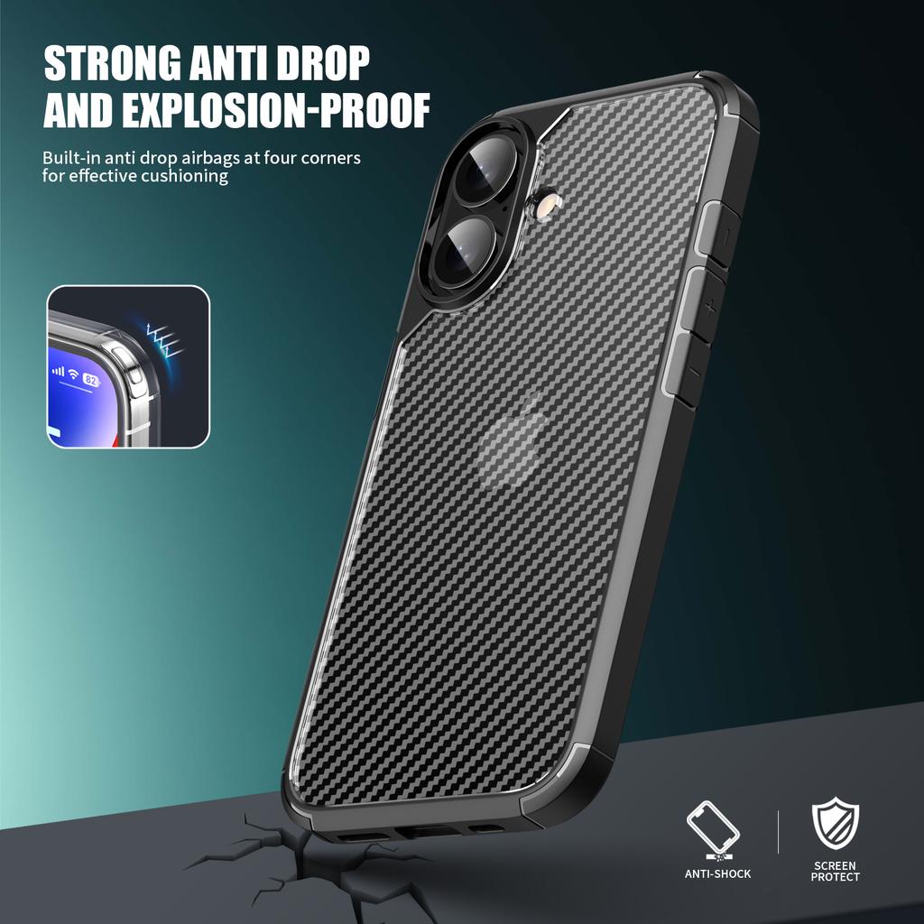 For iPhone 16 Case Carbon Fiber Texture Anti-Scratch TPU+PC Back Cover