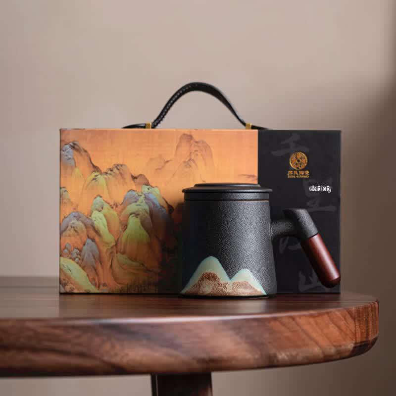 Hand-Painted Ceramic Tea Cup with Filter - Thousand-Mile Landscape