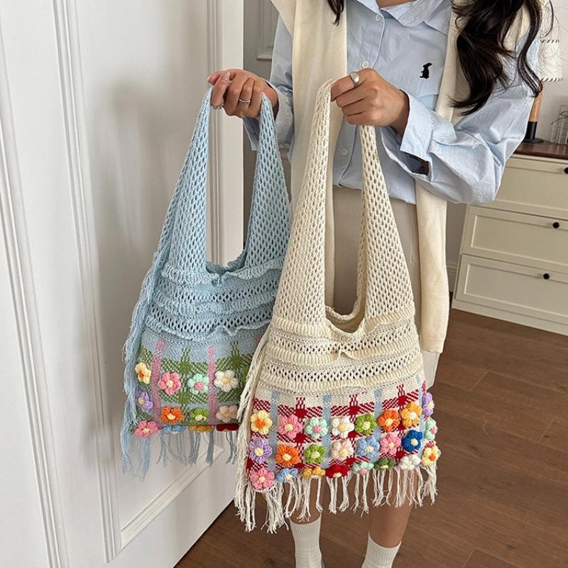 Fashion Crochet Knit Shoulder Tote Bag with Colorful Flower Tassel Womens Shoulder Bag for Vacation Shopping and Daily Outing Ladies' Holiday Gifts