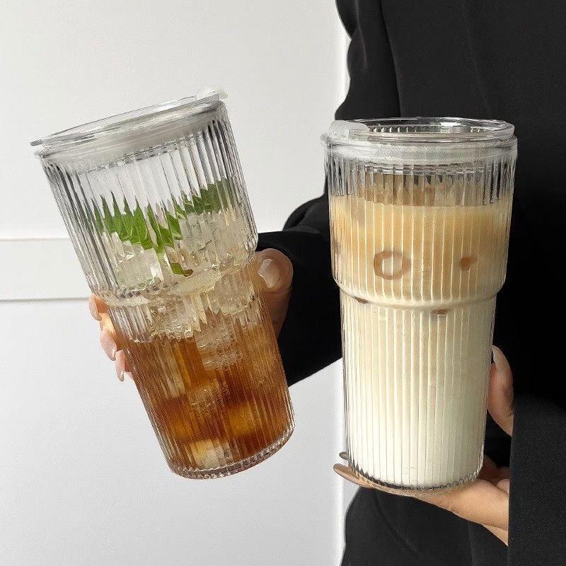 Vertical Stripe Glass Cup, Large Size with Lid & Straw - Ideal for Cold Drinks and Coffee.