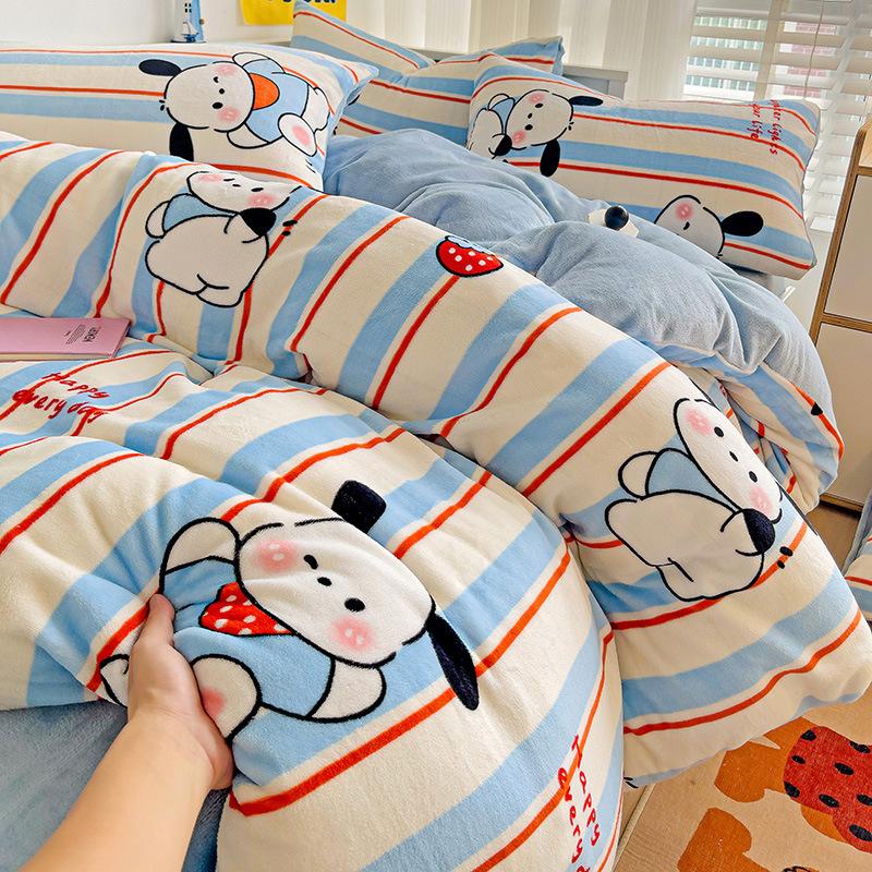Thickened Milk Fleece Four-Piece Set, Milk Fleece Coral Fleece Bed Sheet Quilt Cover Double-Sided Flannel Bed Three-Piece Set