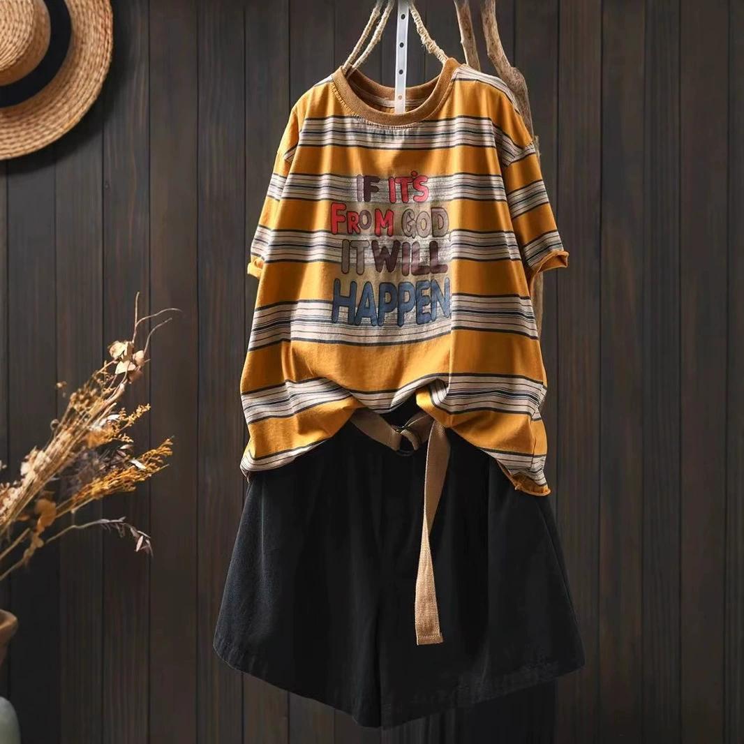 

Dimanaf 2025 Летняя футболка женская с принтом в виде полосок и букв с коротким рукавом, свободная, белая, черная One Size жёлтый