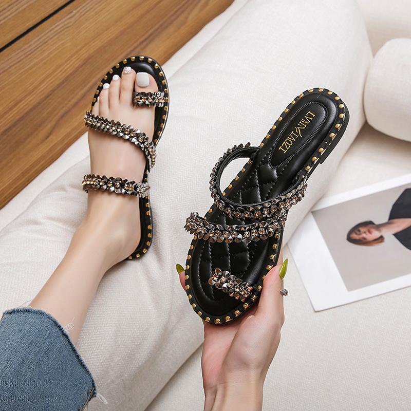 

Women Rhinestone Flat-bottom Slide Sandals Outdoor Rivet Clip-on Slippers Travel Seaside Beach Holiday Summer Cool Shoes Sz34-43 34 чёрный